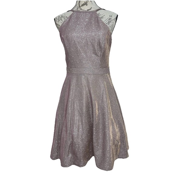 Xscape Halter Neck Metallic Pink Cocktail Dress Prom Formal Sz 8 Open Back - Picture 2 of 12